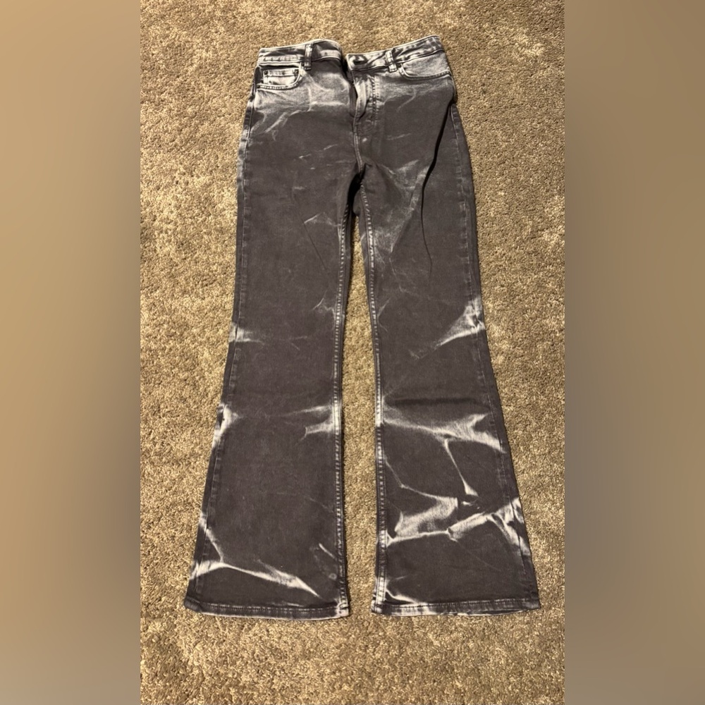 Motel Rocks Long Black Denim Acid Wash Flare Jeans Pants